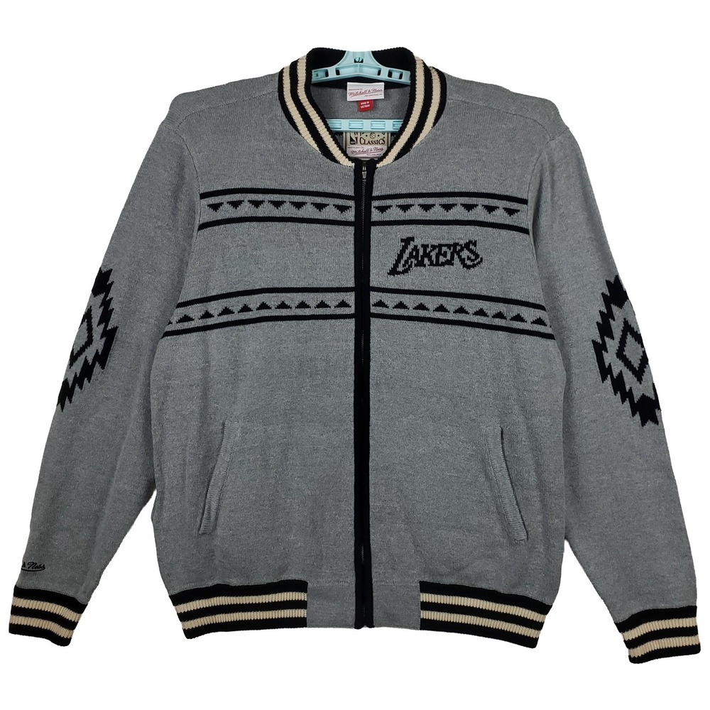 LA Lakers Mitchell & Ness NBA Large Knitted Sweatshirt Zip Up Front Gray New